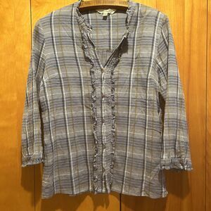 Seasalt Cornwall Womens Button Down Ruffle Shirt-Sz US 6-Blue Plaid-Preppy